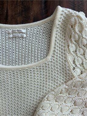 Anthropologie Cream Knit Puff-Sleeve Sweater
